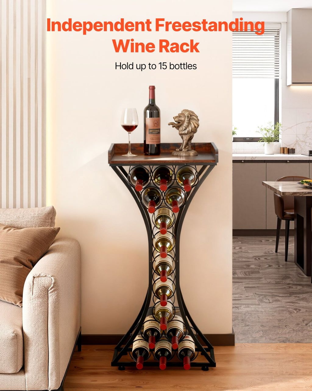 15 Bottle Wine Rack, Freestanding Floor Wine Storage Stand With Wood Top Shelf, Black Metal, For Kitchen, Home Bar, Living Room