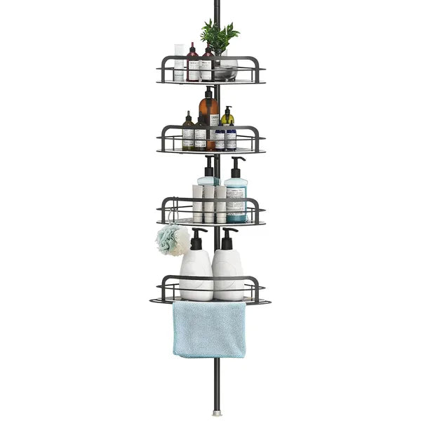 Corner Shower Caddy With Tension Pole, 4 Adjustable Shelves, Towel Bar and 2 Hooks, Black, 8.66-116.14 In