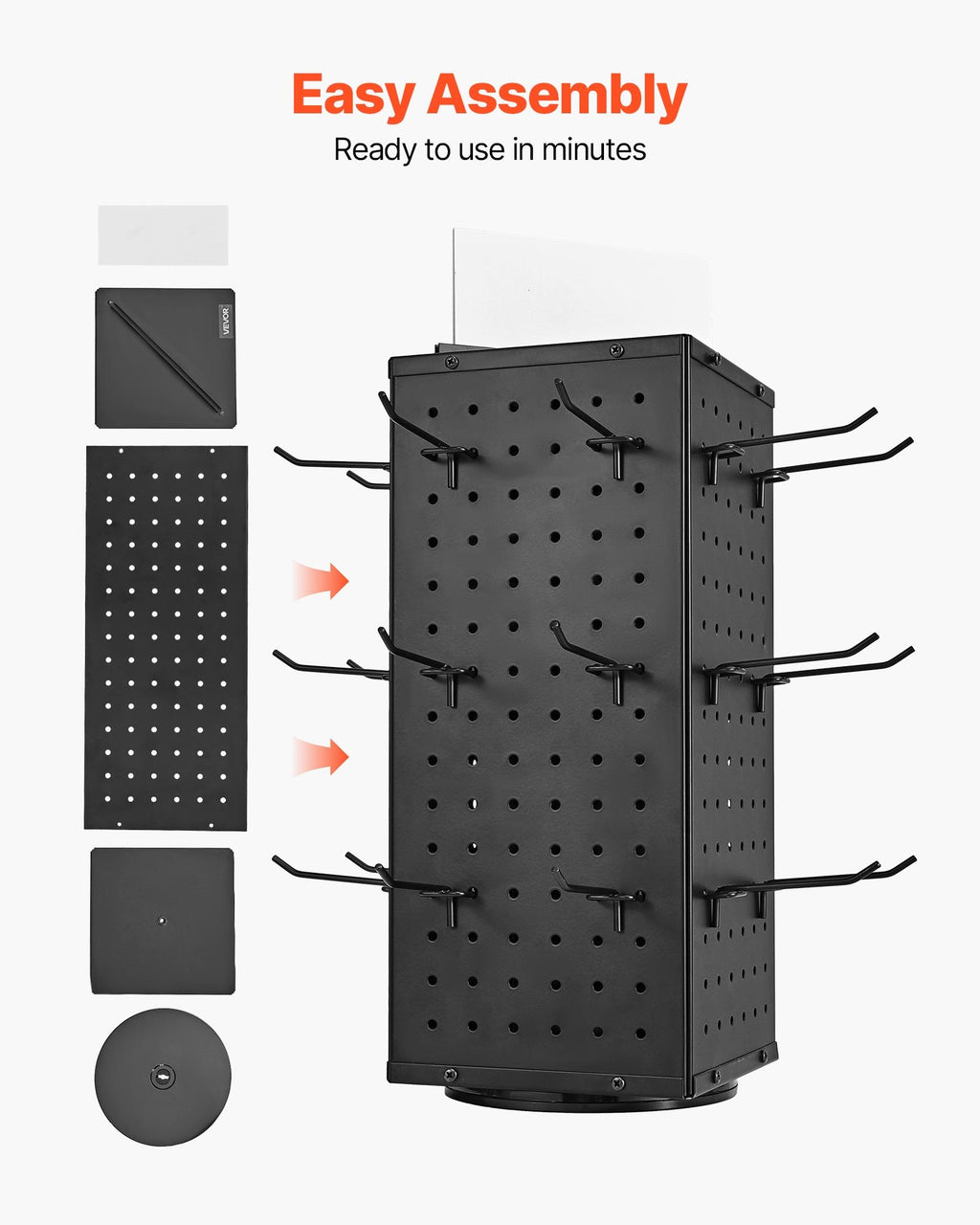 Rotating Pegboard Display Stand, 4-Sided Spinning Peg Board Organizer With 24 Hooks, Black Cold-Rolled Steel, 7.4 x 7.4 x 17 In