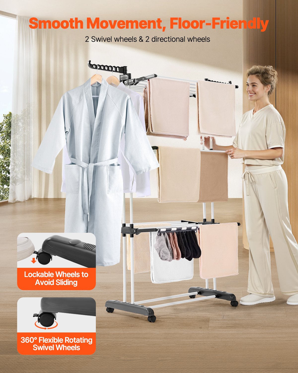 4-Tier Clothes Drying Rack, Foldable Laundry Rack With 24 Drying Rods, 2 Side Wings and 4 Swivel Casters, Metal and Plastic