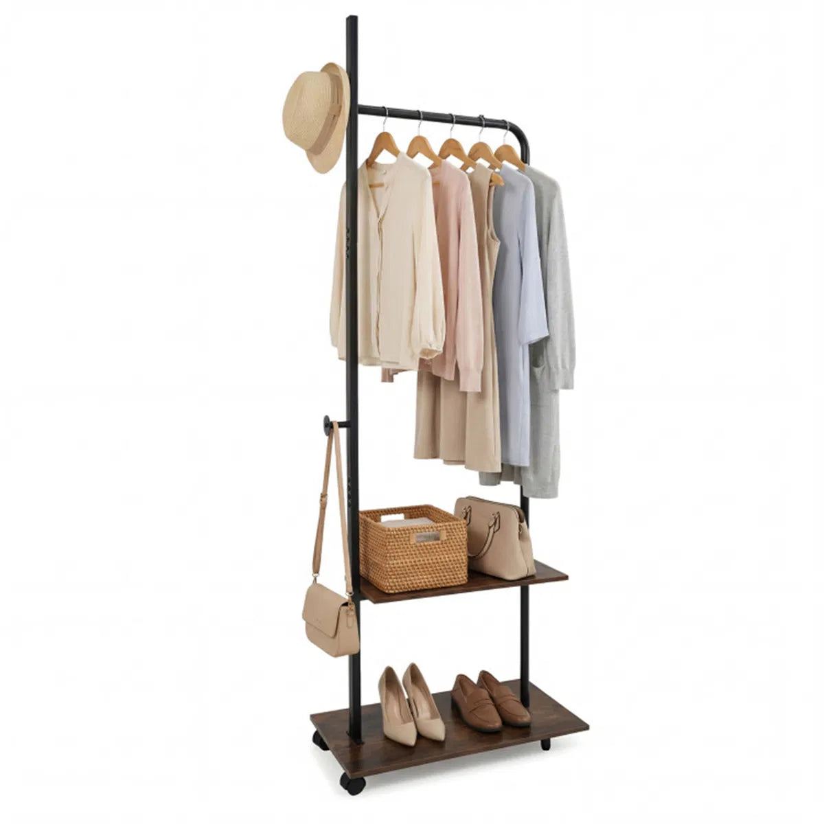 Rolling Clothing Rack with 2 Wooden Shelves and Side Hooks, Freestanding Garment Rack, Rustic Brown and Black, 69 Inch