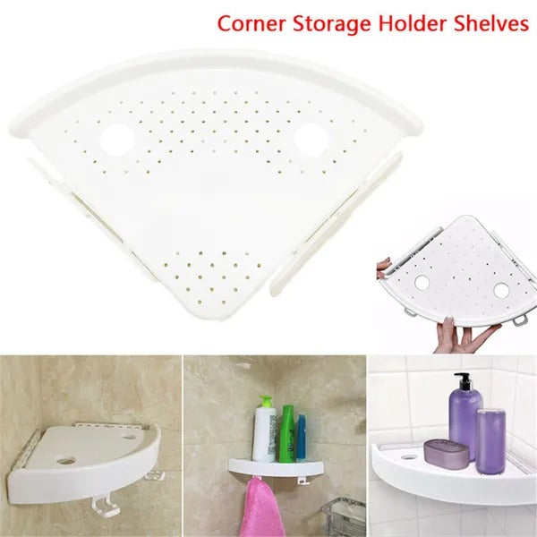 Corner Shower Shelf Organizer, White Plastic Wall Mount Caddy With Hooks and Drain Holes, No Drilling