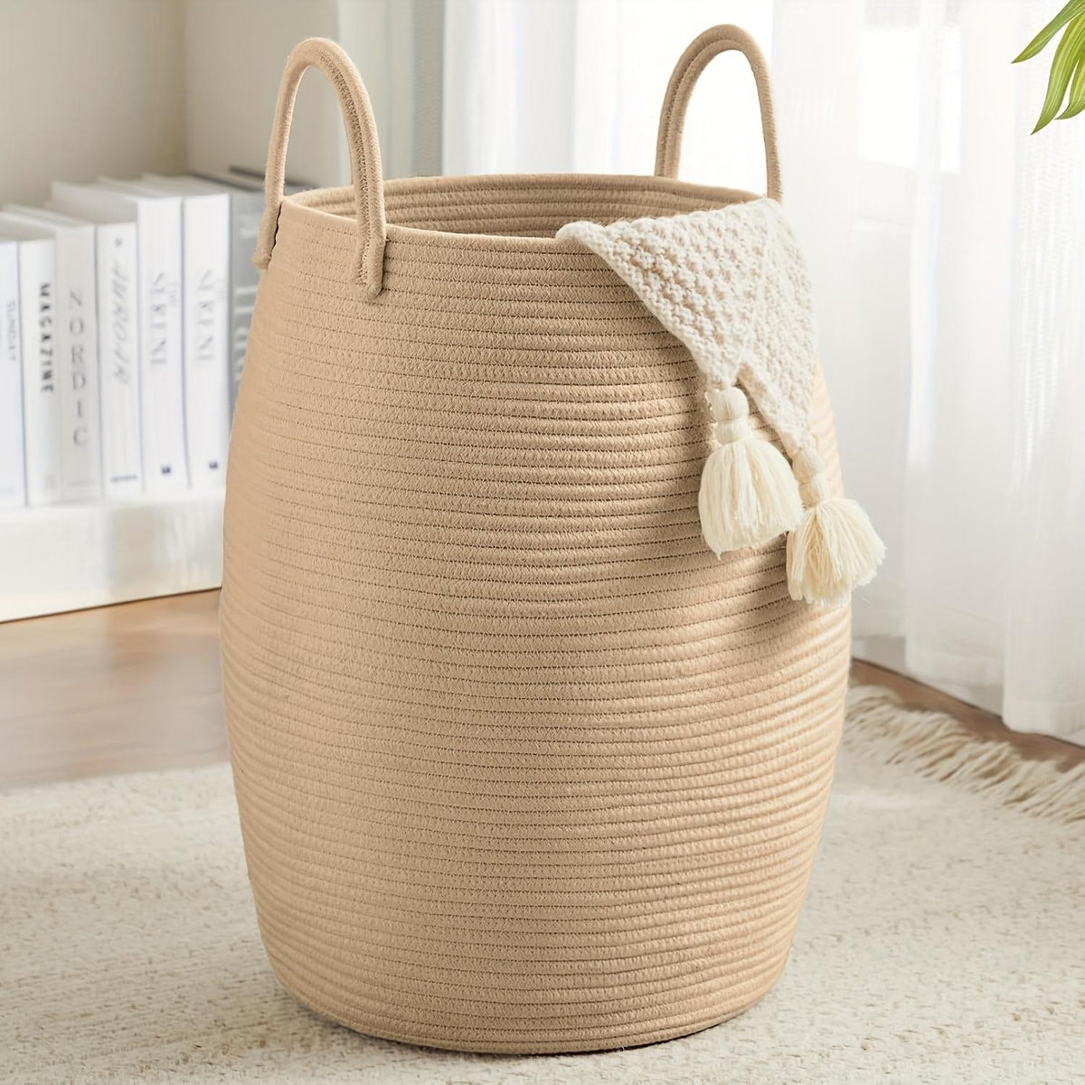 Tall Woven Laundry Hamper With Extended Handles, 22 Inch Foldable Clothes Basket for Bedroom and Bathroom, Black, Brown, White