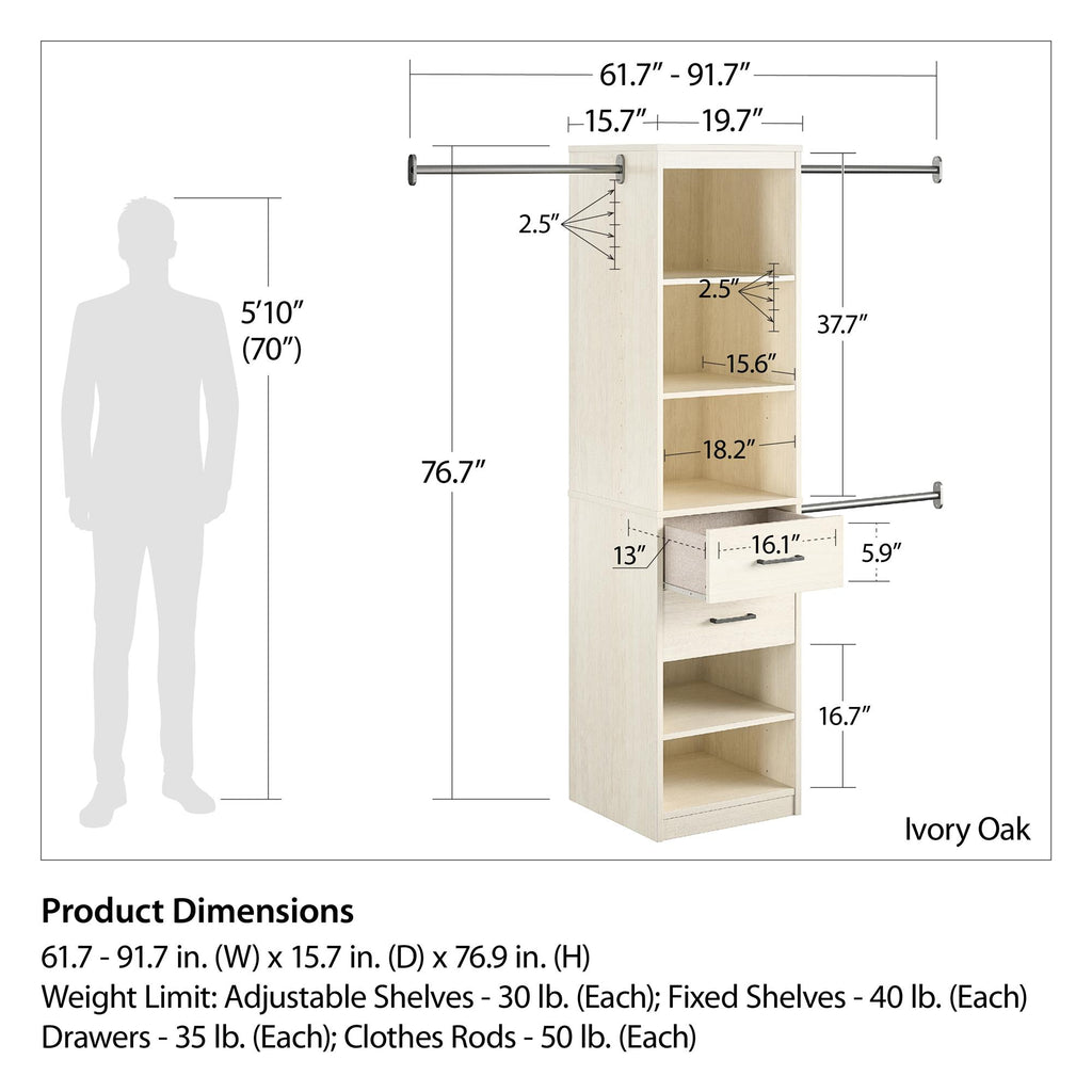 Closet Organizer Tower With 5 Shelves, 2 Drawers and 3 Adjustable Hanging Rods, Ivory Woodgrain