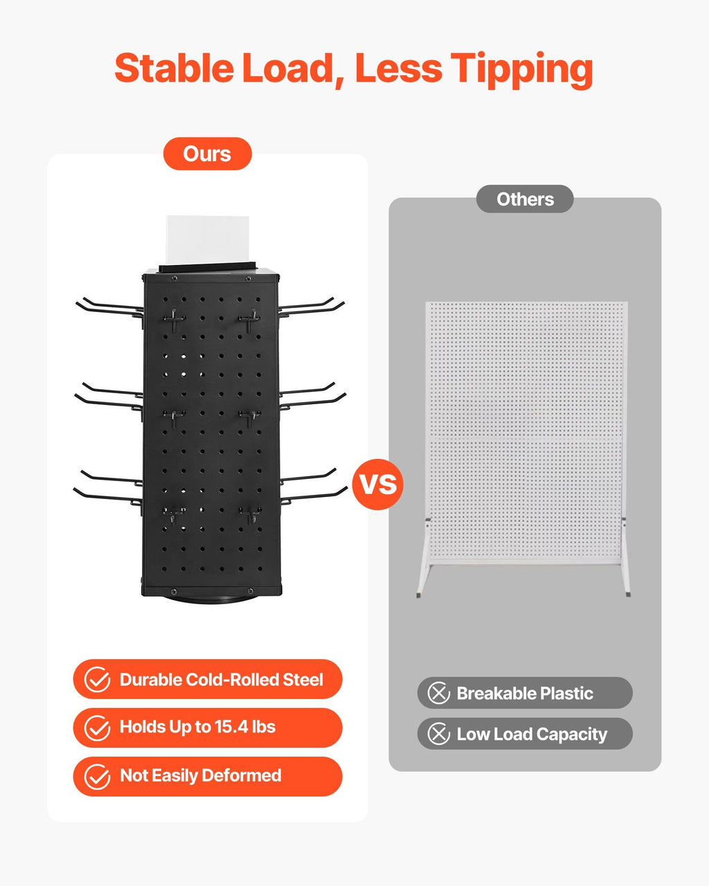 Rotating Pegboard Display Stand, 4-Sided Spinning Peg Board Organizer With 24 Hooks, Black Cold-Rolled Steel, 7.4 x 7.4 x 17 In