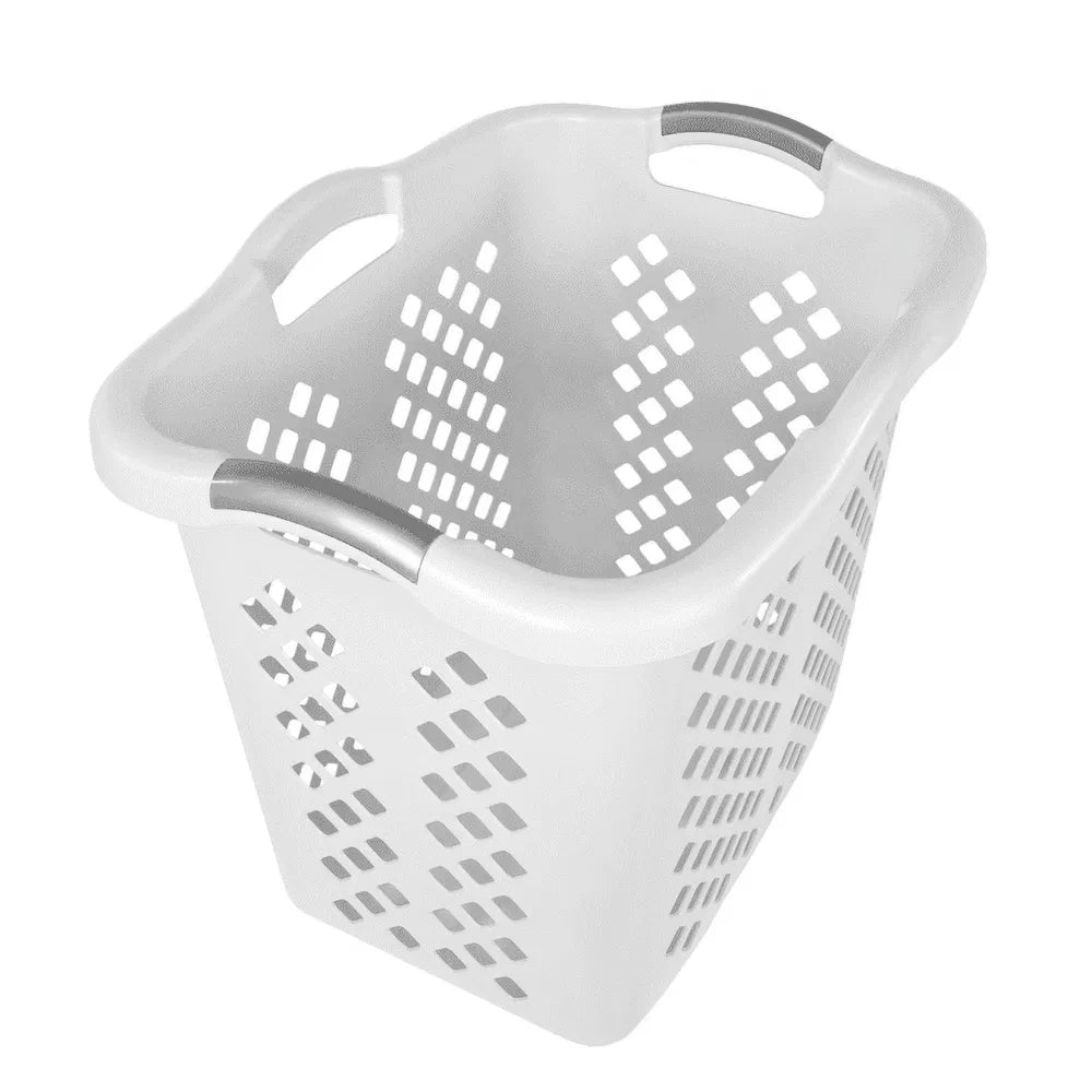 2 Bushel Laundry Basket With Silver Handles, White Plastic Hamper, 71 Liter Capacity, 2 Pack