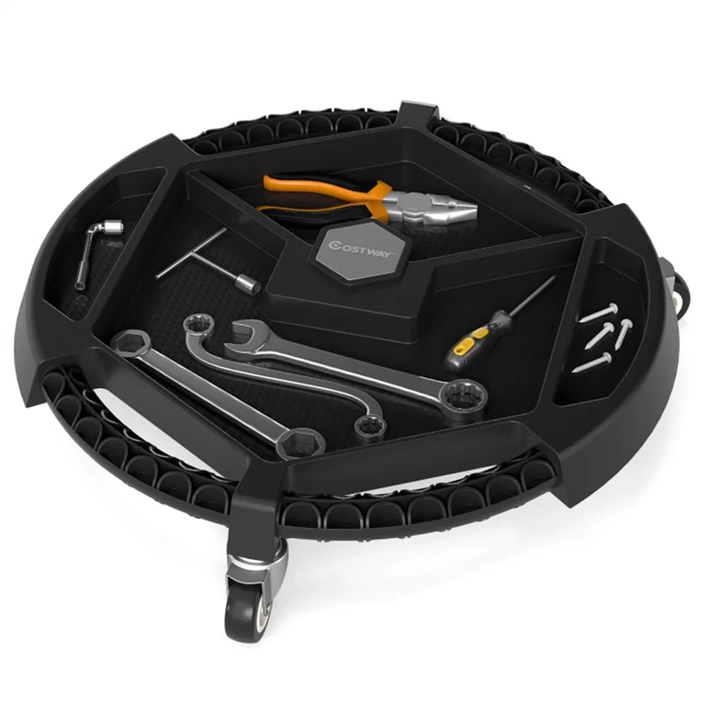Rolling Tool Caddy Tray With 4 Compartments, Magnets and 360° Swivel Casters, Black Portable Garage Organizer, 19.5"