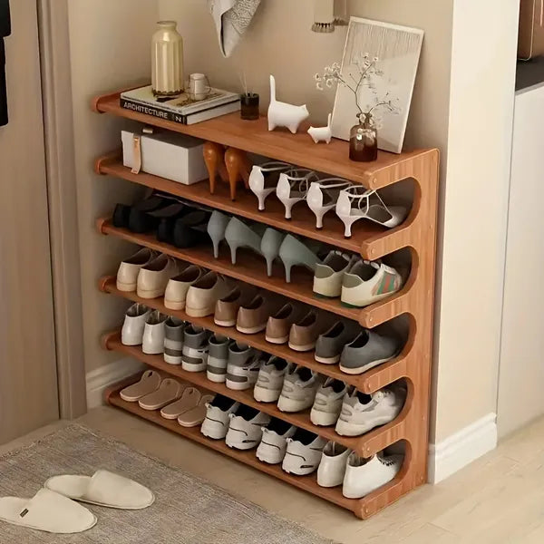 Wood Shoe Rack, 5-Tier or 6-Tier Freestanding Storage Shelf for Entryway, Closet, and Bedroom, Wood Grain Finish