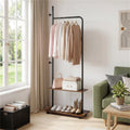 Rolling Clothing Rack with 2 Wooden Shelves and Side Hooks, Freestanding Garment Rack, Rustic Brown and Black, 69 Inch