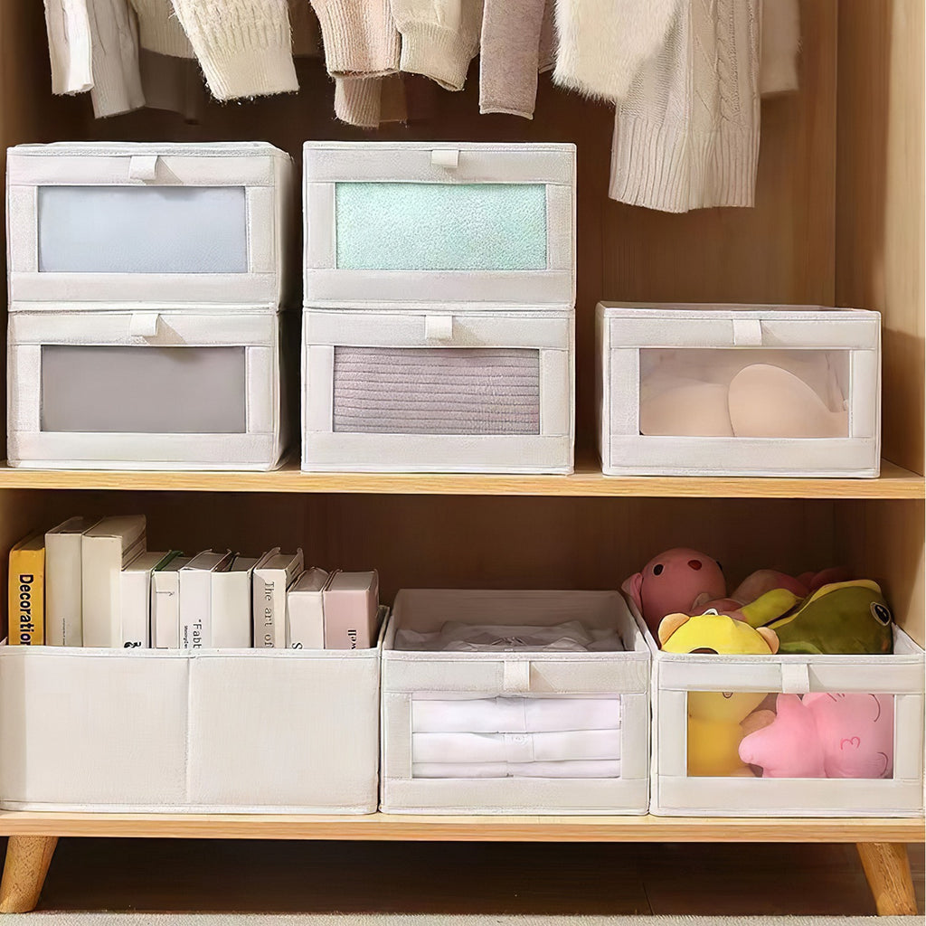 Foldable Linen Closet Storage Bins With Clear Window, Set of 4, Beige Fabric Shelf Organizers, 16.14 x 10.82 x 6.49 in