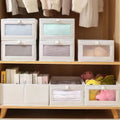 Foldable Linen Closet Storage Bins With Clear Window, Set of 4, Beige Fabric Shelf Organizers, 16.14 x 10.82 x 6.49 in