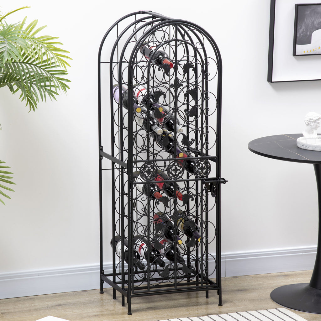 45-Bottle Wine Rack with Locking Door, Black Wrought Iron Freestanding Wine Storage Cabinet for Kitchen, Bar or Dining Room