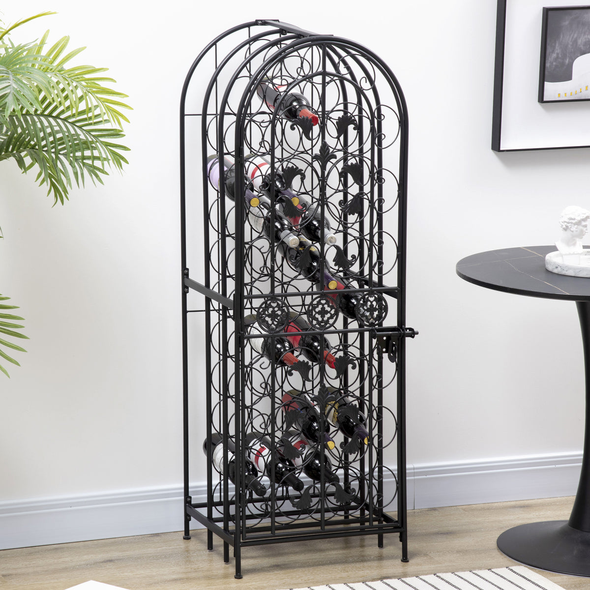 45-Bottle Wine Rack with Locking Door, Black Wrought Iron Freestanding Wine Storage Cabinet for Kitchen, Bar or Dining Room