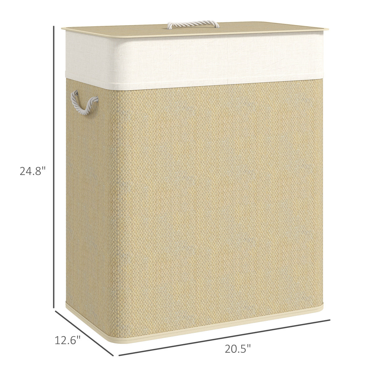 Double Laundry Basket With Lid, 26.4 Gallon Bamboo Laundry Hamper With Rope Handles and Removable Liner, Natural