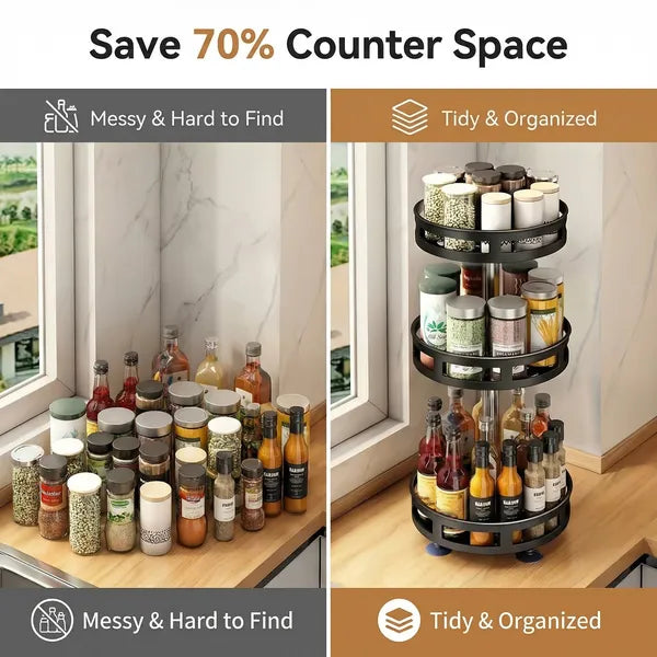 3-Tier Rotating Spice Rack Organizer, Black Carbon Steel 360-Degree Turntable for Kitchen Countertop and Cabinet