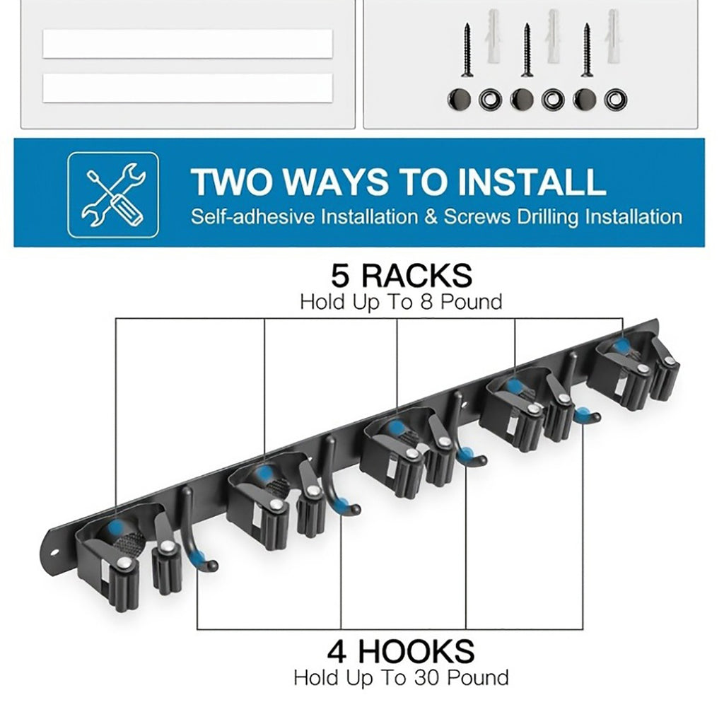 Broom and Mop Holder Wall Mount, Black Stainless Steel Garage Tool Organizer with 5 Slots and 4 Hooks, 17 Inch