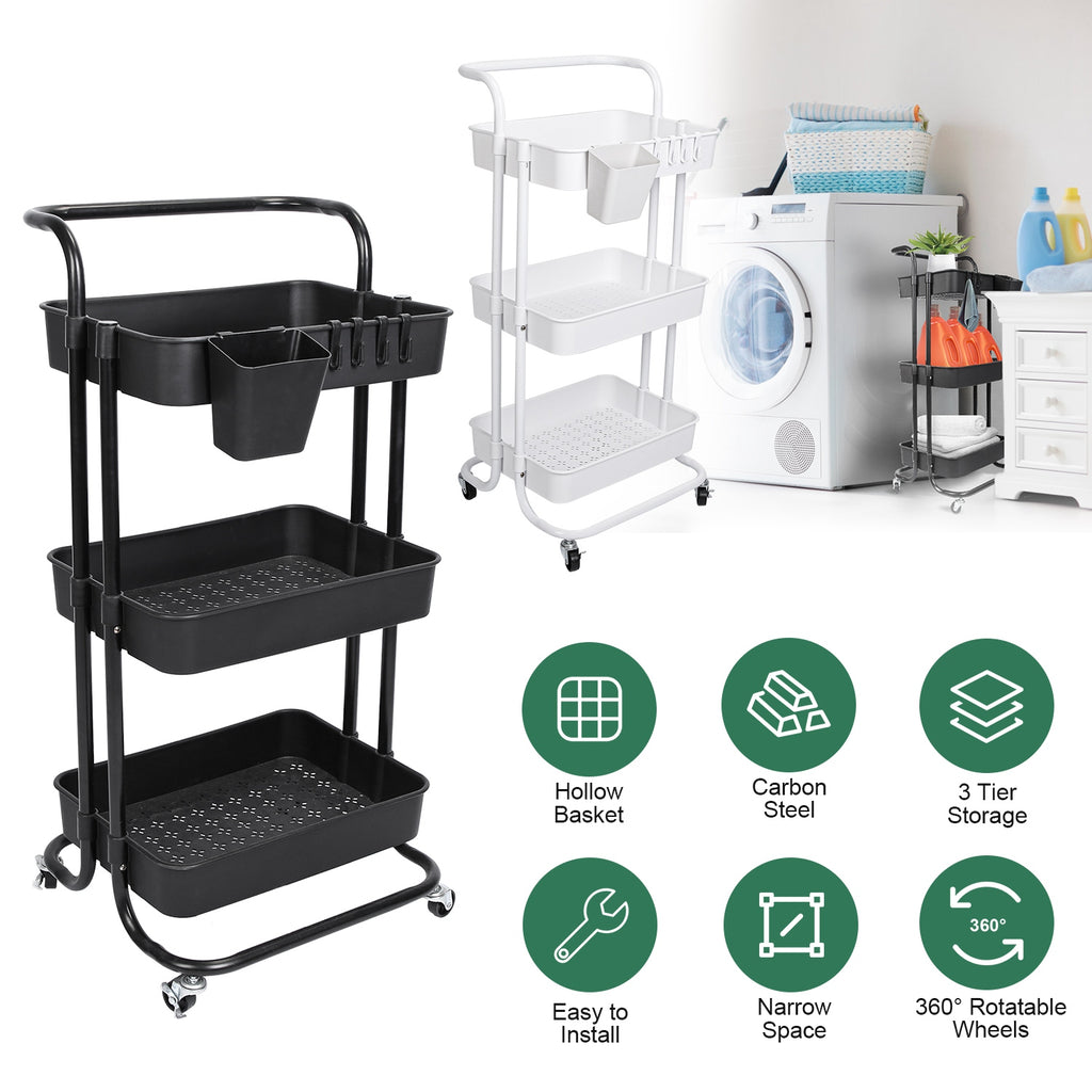 3-Tier Rolling Utility Cart With Mesh Baskets, Hanging Box and 4 Hooks, Lockable 360-Degree Wheels, Black or White