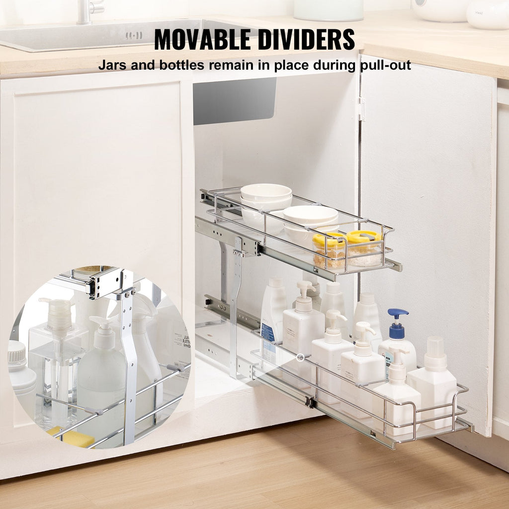 2-Tier Pull Out Cabinet Organizer, Silver Chrome Wire Under Sink Slide Out Basket With Dividers and Non-Slip Mats, 8.5" W x 21" D x 15" H
