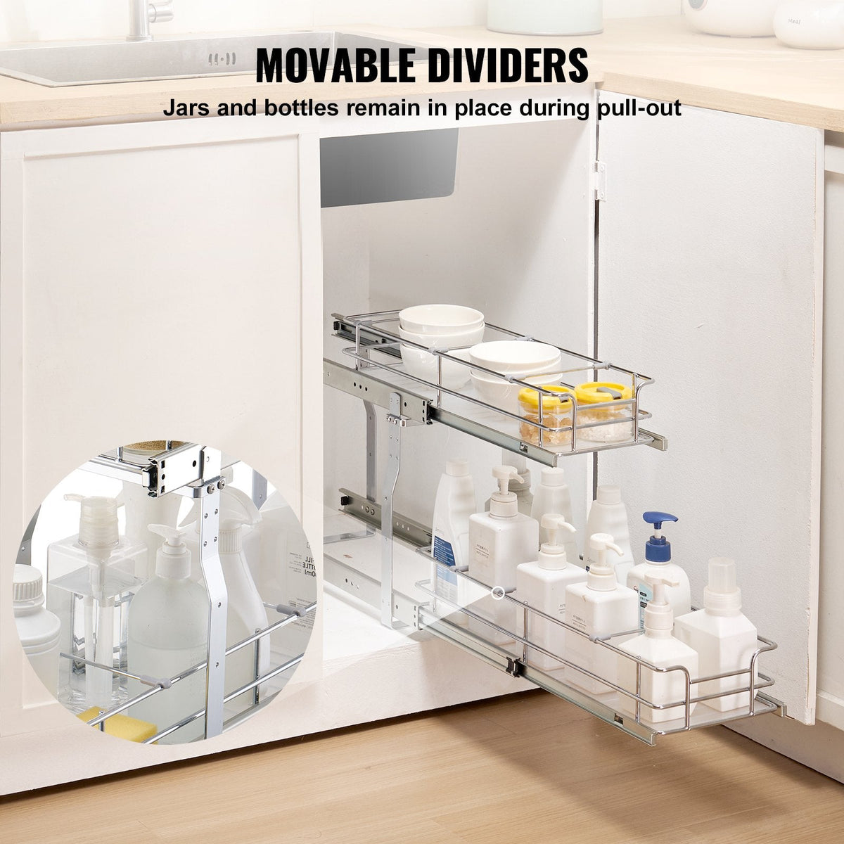 2-Tier Pull Out Cabinet Organizer, Silver Chrome Wire Under Sink Slide Out Basket With Dividers and Non-Slip Mats, 8.5" W x 21" D x 15" H