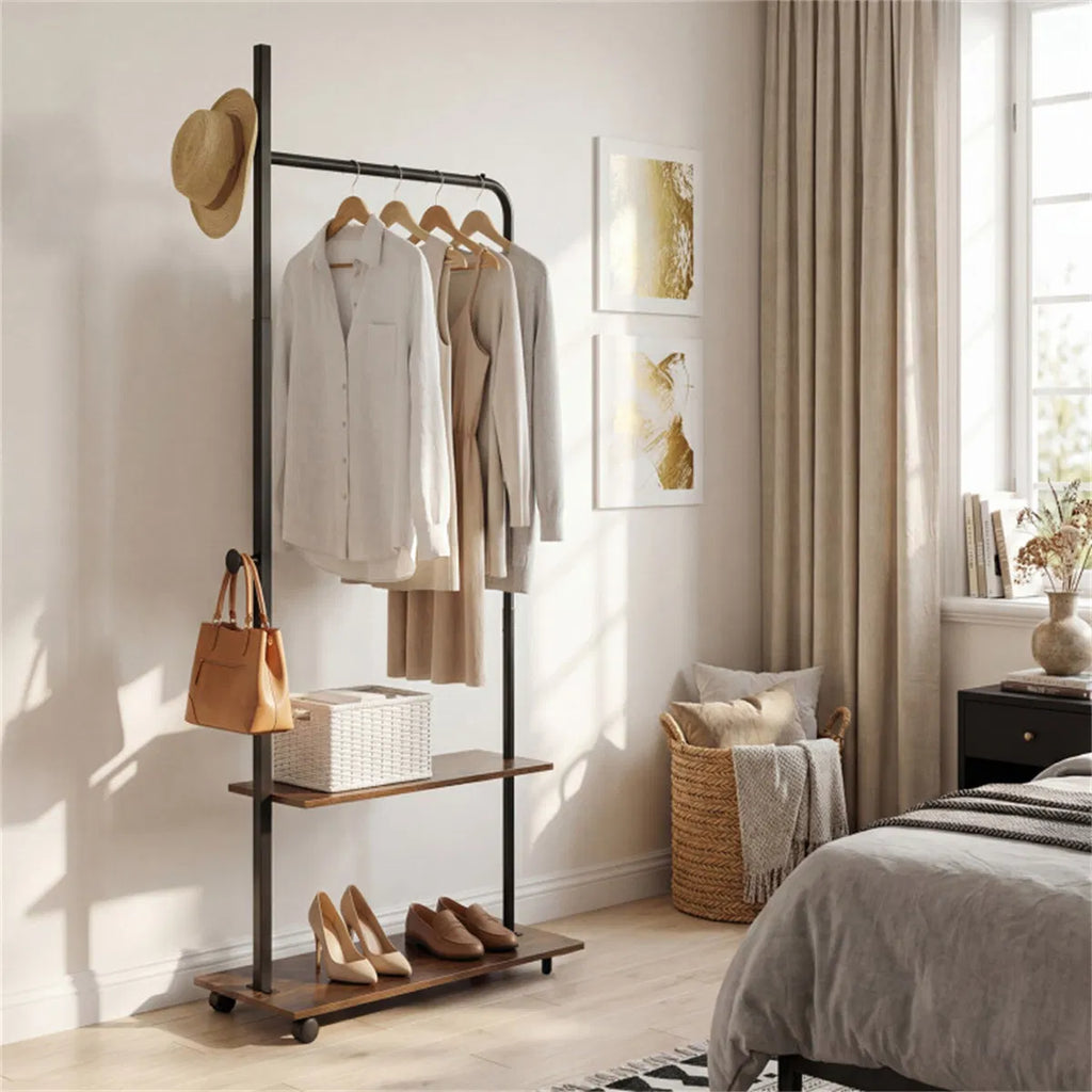 Rolling Clothing Rack with 2 Wooden Shelves and Side Hooks, Freestanding Garment Rack, Rustic Brown and Black, 69 Inch