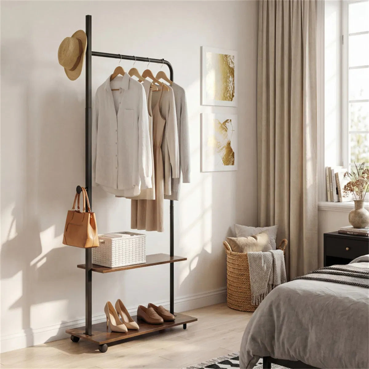 Rolling Clothing Rack with 2 Wooden Shelves and Side Hooks, Freestanding Garment Rack, Rustic Brown and Black, 69 Inch