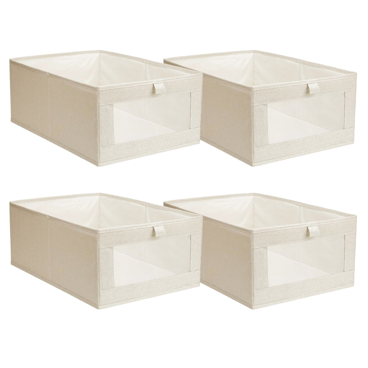 Foldable Linen Closet Storage Bins With Clear Window, Set of 4, Beige Fabric Shelf Organizers, 16.14 x 10.82 x 6.49 in