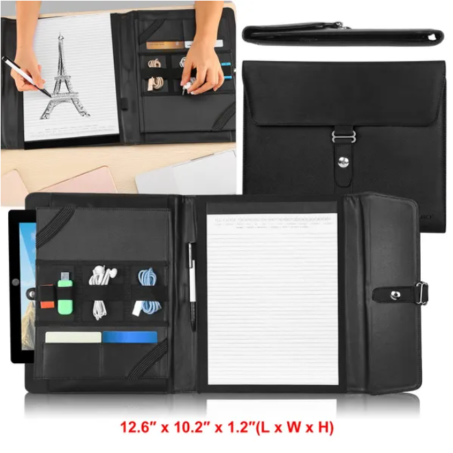 Business Portfolio Folder, Black Leather Document Organizer With Tablet Holder, Pen Loop, Card Slots and File Pocket