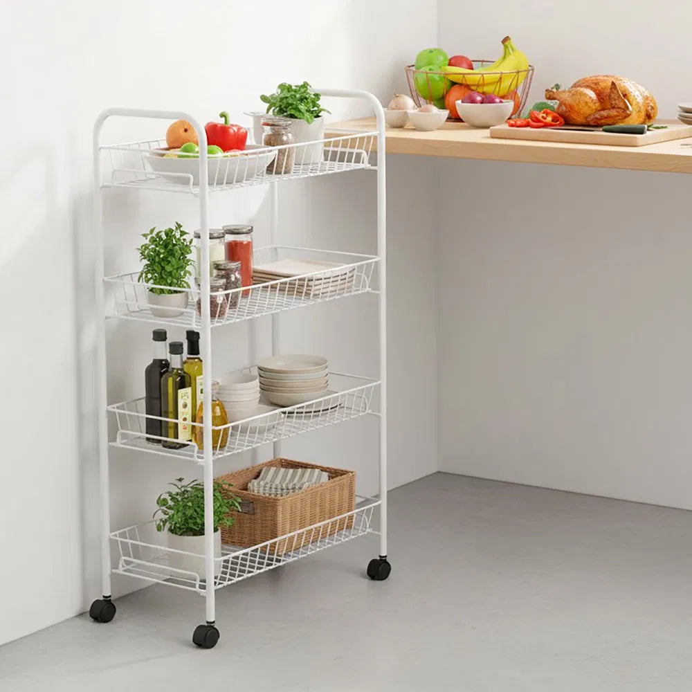 Rolling 4-Tier Metal Storage Cart, White Wire Basket Utility Cart for Laundry Room, Kitchen and Bathroom, 16.5" W