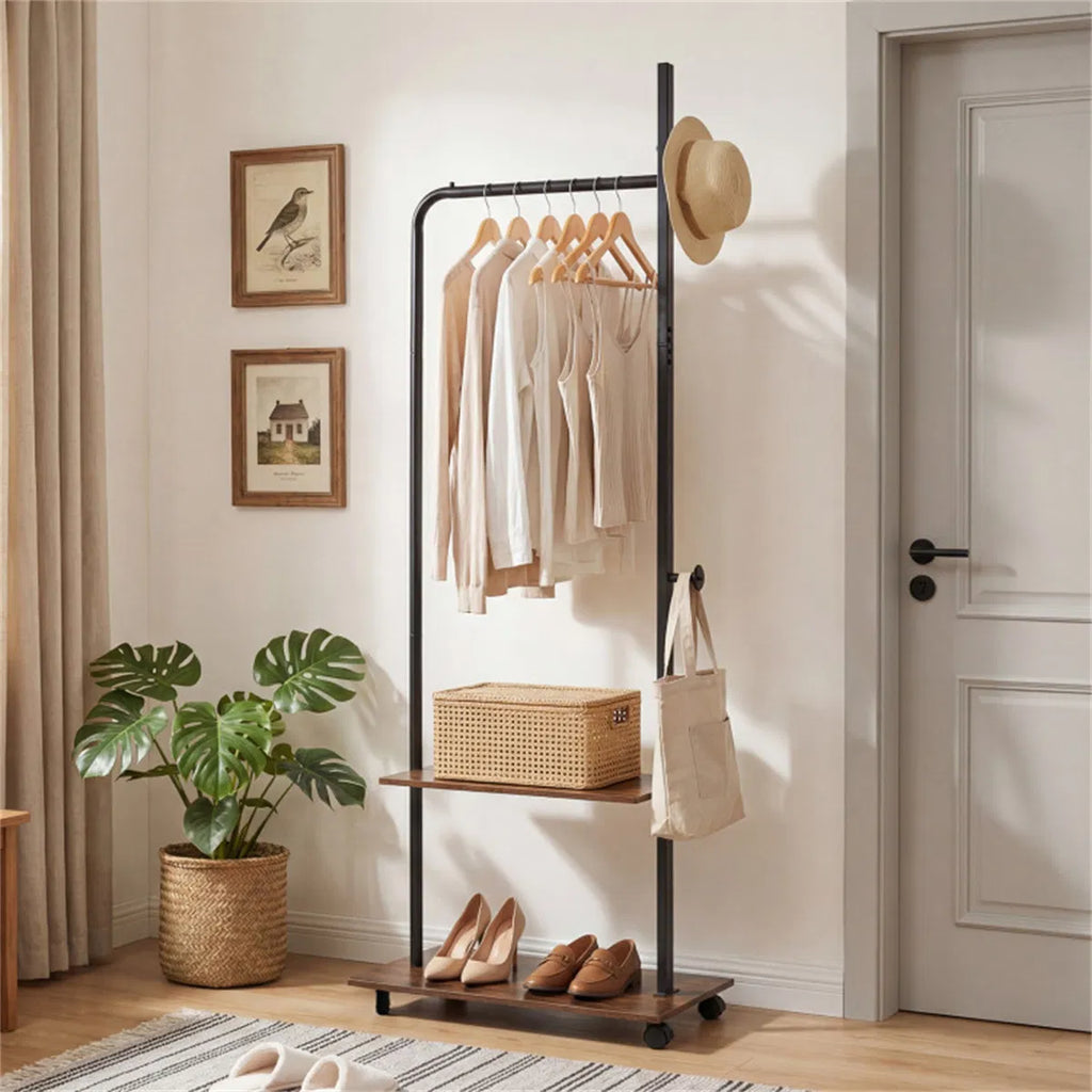 Rolling Clothing Rack with 2 Wooden Shelves and Side Hooks, Freestanding Garment Rack, Rustic Brown and Black, 69 Inch