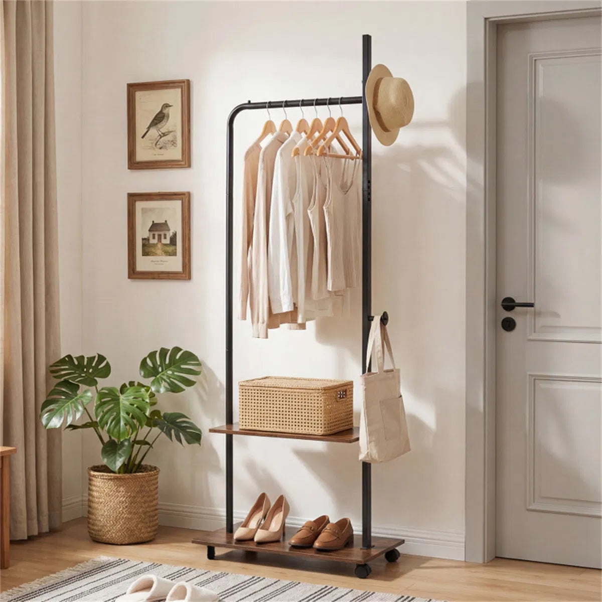 Rolling Clothing Rack with 2 Wooden Shelves and Side Hooks, Freestanding Garment Rack, Rustic Brown and Black, 69 Inch