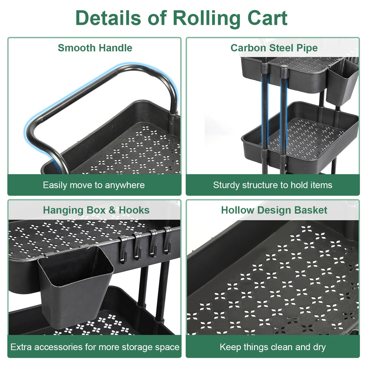 3-Tier Rolling Utility Cart With Mesh Baskets, Hanging Box and 4 Hooks, Lockable 360-Degree Wheels, Black or White