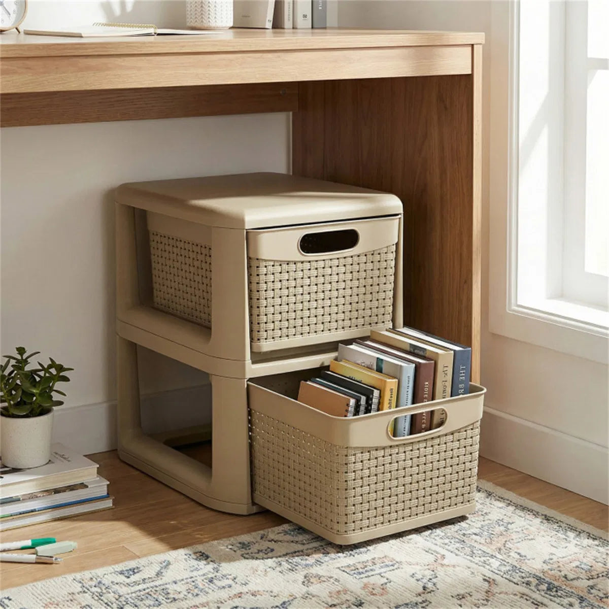 2-Drawer Storage Organizer, Brown Wicker Style Plastic Narrow Cabinet for Bedroom, Bathroom, and Home Office, 13 x 10 x 14 Inches