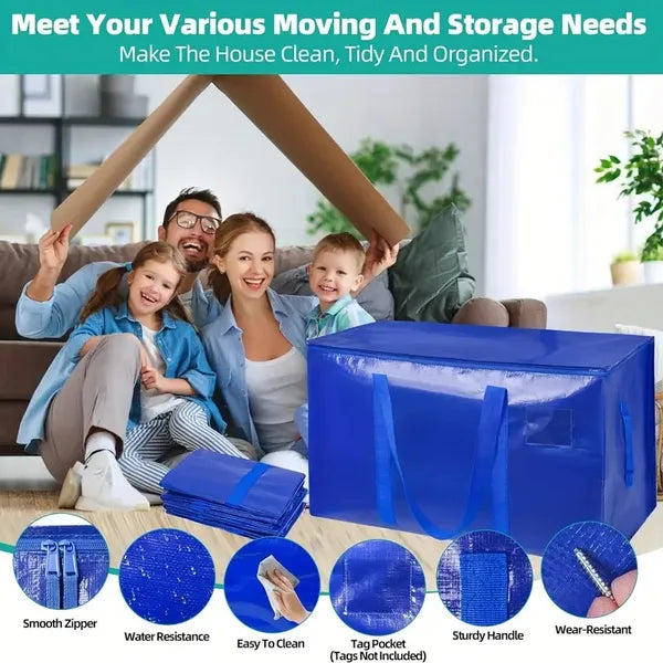 Large Moving Storage Bag With Zipper and Handles, Blue Heavy-Duty Tote for Clothes and Closet Storage, 1 or 8 Pack