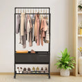 Rolling Garment Rack With Double Hanging Rods, Storage Bag and Shoe Shelf, Black Iron 3-Tier Clothes Rack for Bedroom and Entryway