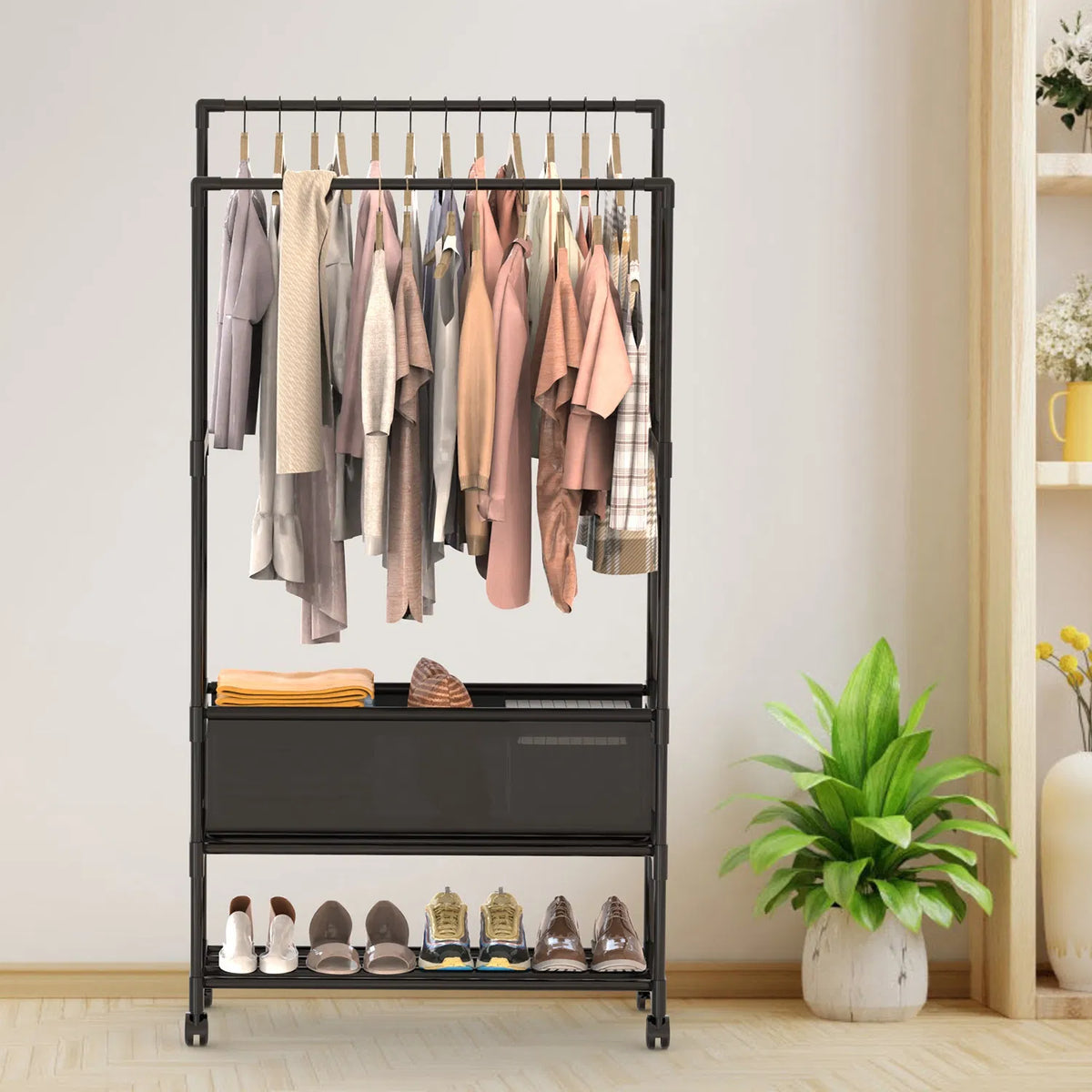 Rolling Garment Rack With Double Hanging Rods, Storage Bag and Shoe Shelf, Black Iron 3-Tier Clothes Rack for Bedroom and Entryway