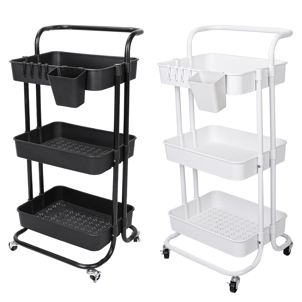 3-Tier Rolling Utility Cart With Mesh Baskets, Hanging Box and 4 Hooks, Lockable 360-Degree Wheels, Black or White