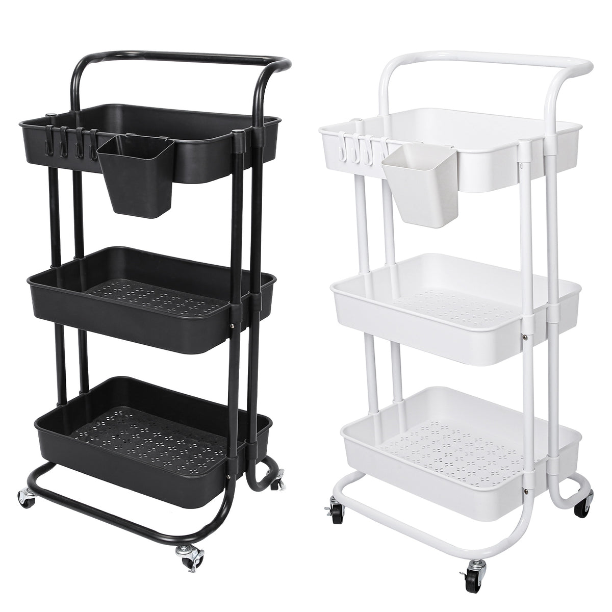 3-Tier Rolling Utility Cart With Mesh Baskets, Hanging Box and 4 Hooks, Lockable 360-Degree Wheels, Black or White