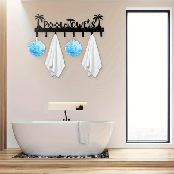 Pool Towel Rack With 8 Hooks, Wall Mounted Black Metal Towel Holder for Bathroom, Poolside, and Spa