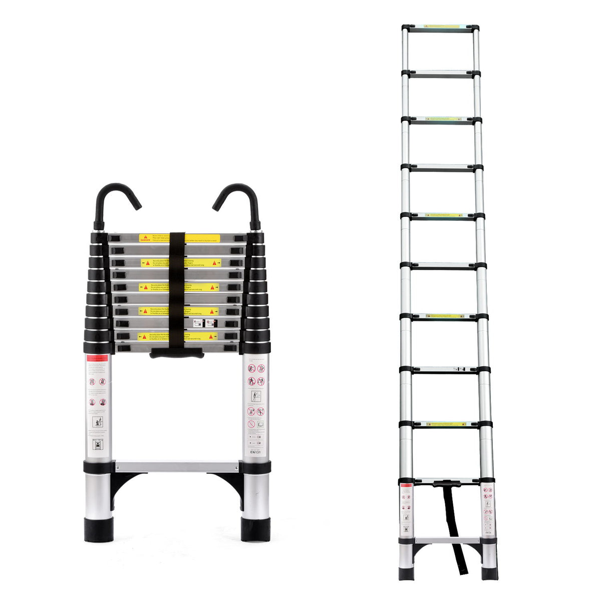 Telescoping Extension Ladder, 10.5 ft Aluminum Folding Ladder With Hooks, 330 lb Capacity, Antique Silver