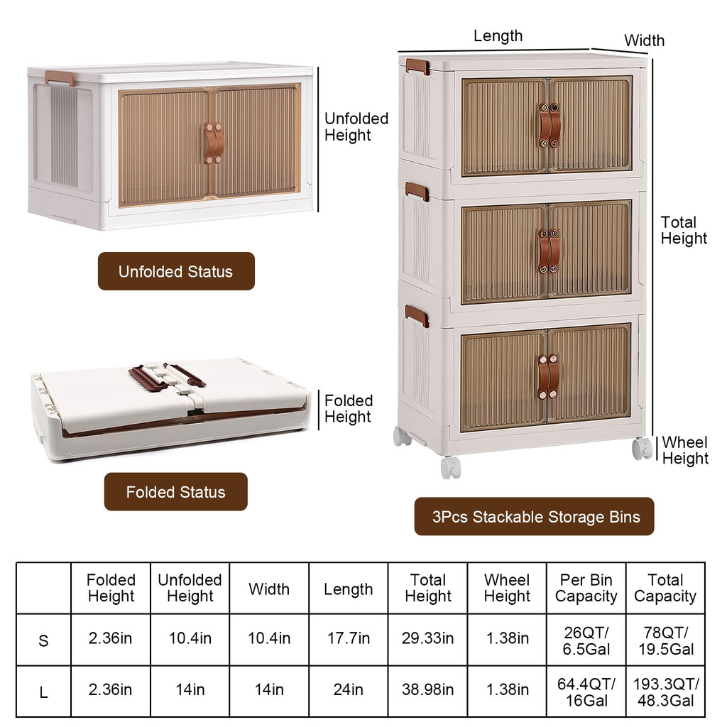 Foldable Storage Bins With Lids and Wheels, Set of 3, Beige Plastic Stackable Cubes With Magnetic Front Doors