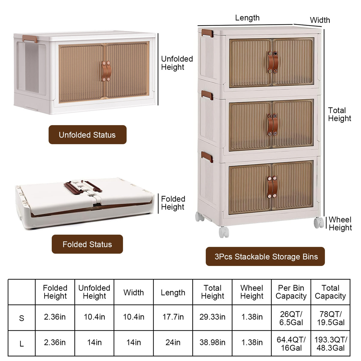 Foldable Storage Bins With Lids and Wheels, Set of 3, Beige Plastic Stackable Cubes With Magnetic Front Doors