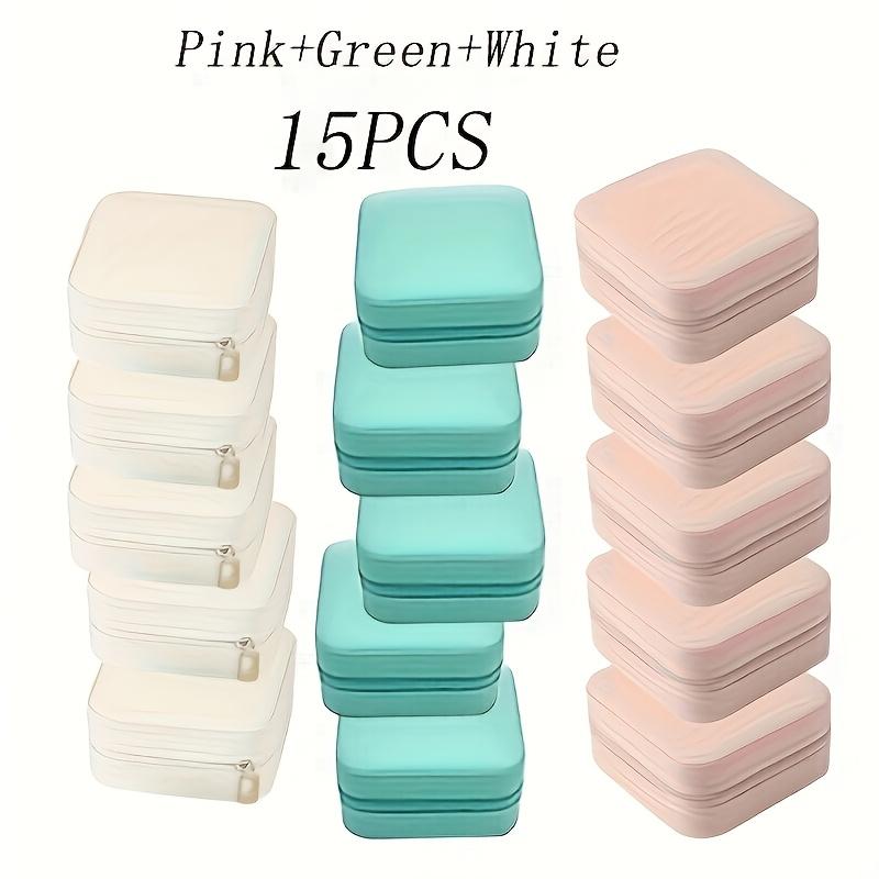 Travel Jewelry Box Set, 15 Pack Mini PU Leather Jewelry Organizer Cases in Pink, Green and White for Rings, Earrings and Necklaces
