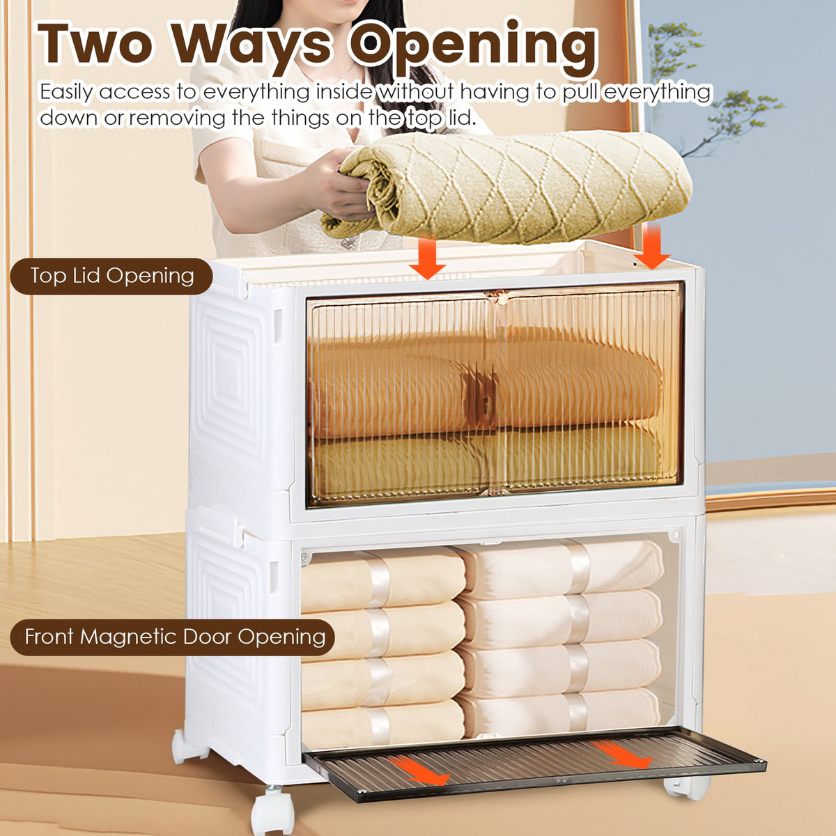 4-Tier Foldable Storage Bins With Magnetic Front Doors and Wheels, Beige Stackable Closet Organizer, 76 or 85.6 Quart