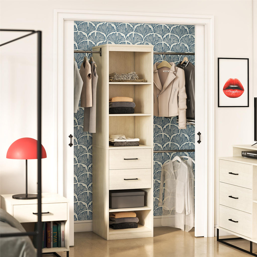 Closet Organizer Tower With 5 Shelves, 2 Drawers and 3 Adjustable Hanging Rods, Ivory Woodgrain