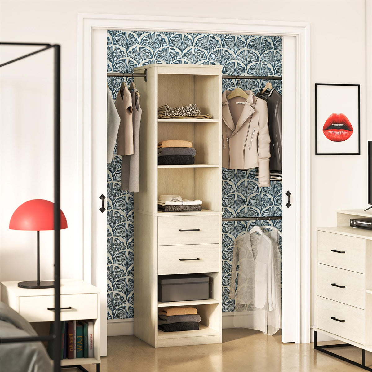 Closet Organizer Tower With 5 Shelves, 2 Drawers and 3 Adjustable Hanging Rods, Ivory Woodgrain