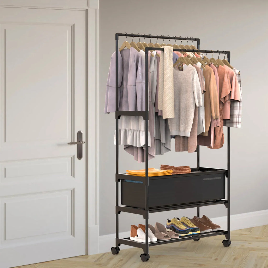 Rolling Garment Rack With Double Hanging Rods, Storage Bag and Shoe Shelf, Black Iron 3-Tier Clothes Rack for Bedroom and Entryway