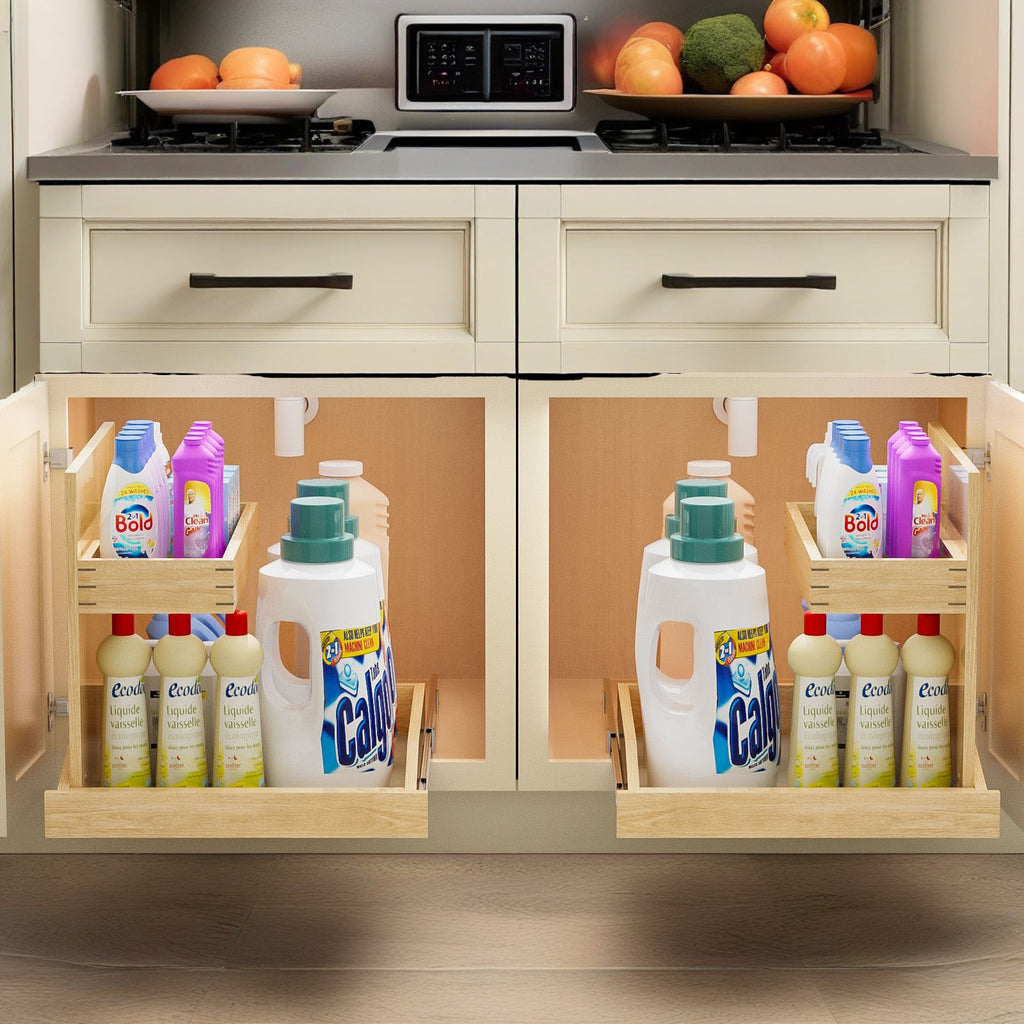 Under Sink Organizer, 2 Tier Wood Pull Out Cabinet Shelf With U Bracket, 22-1/2" W x 21" D, Left Opening, Kitchen and Bathroom