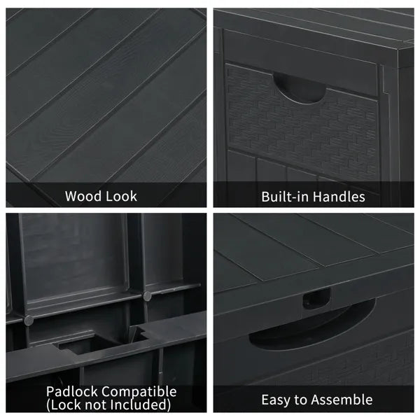 Outdoor Storage Box, 33 Gallon Dark Gray Plastic Deck Box With Wood and Rattan Texture, Clamshell Lid