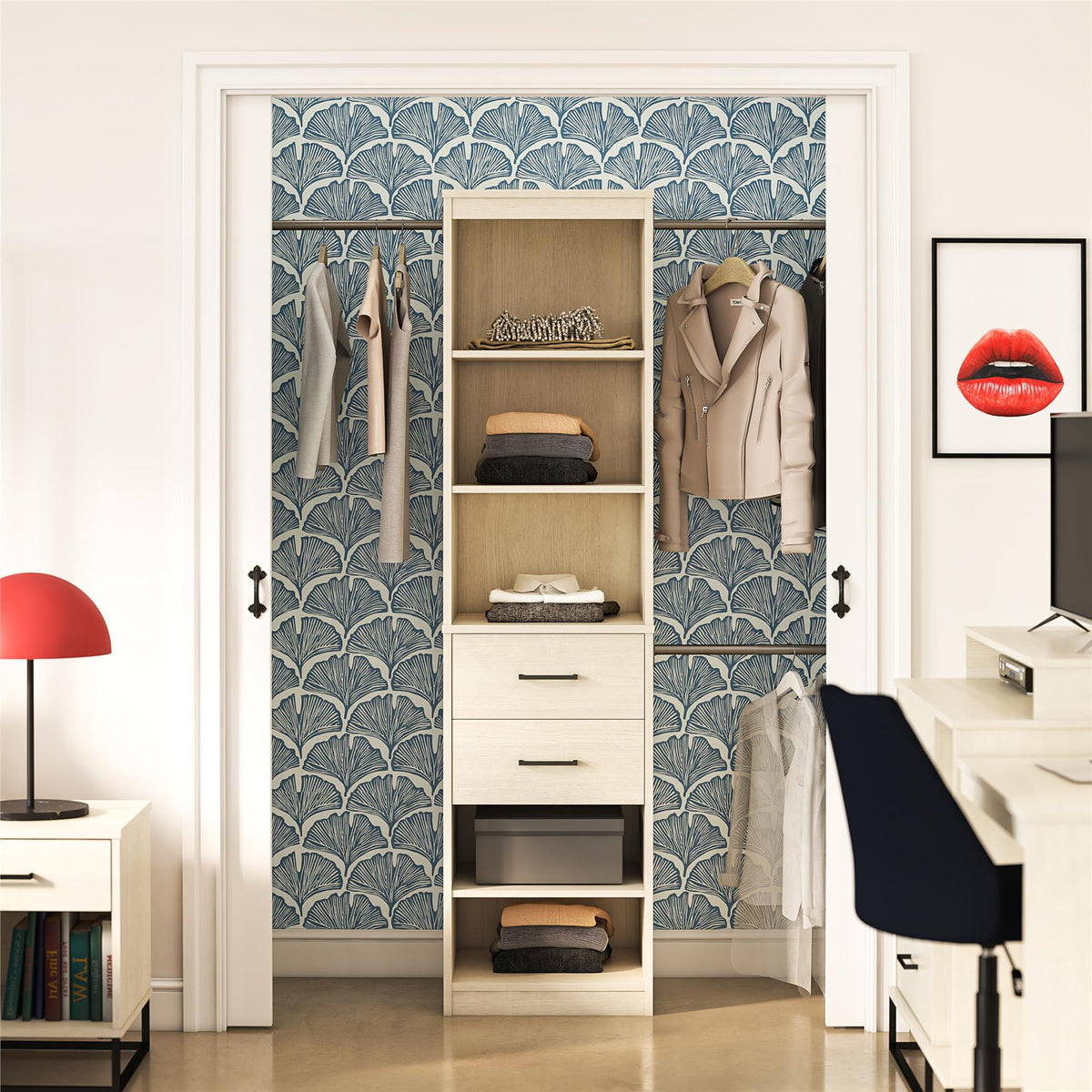 Closet Organizer Tower With 5 Shelves, 2 Drawers and 3 Adjustable Hanging Rods, Ivory Woodgrain