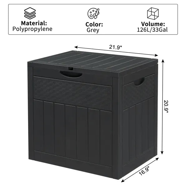 Outdoor Storage Box, 33 Gallon Dark Gray Plastic Deck Box With Wood and Rattan Texture, Clamshell Lid